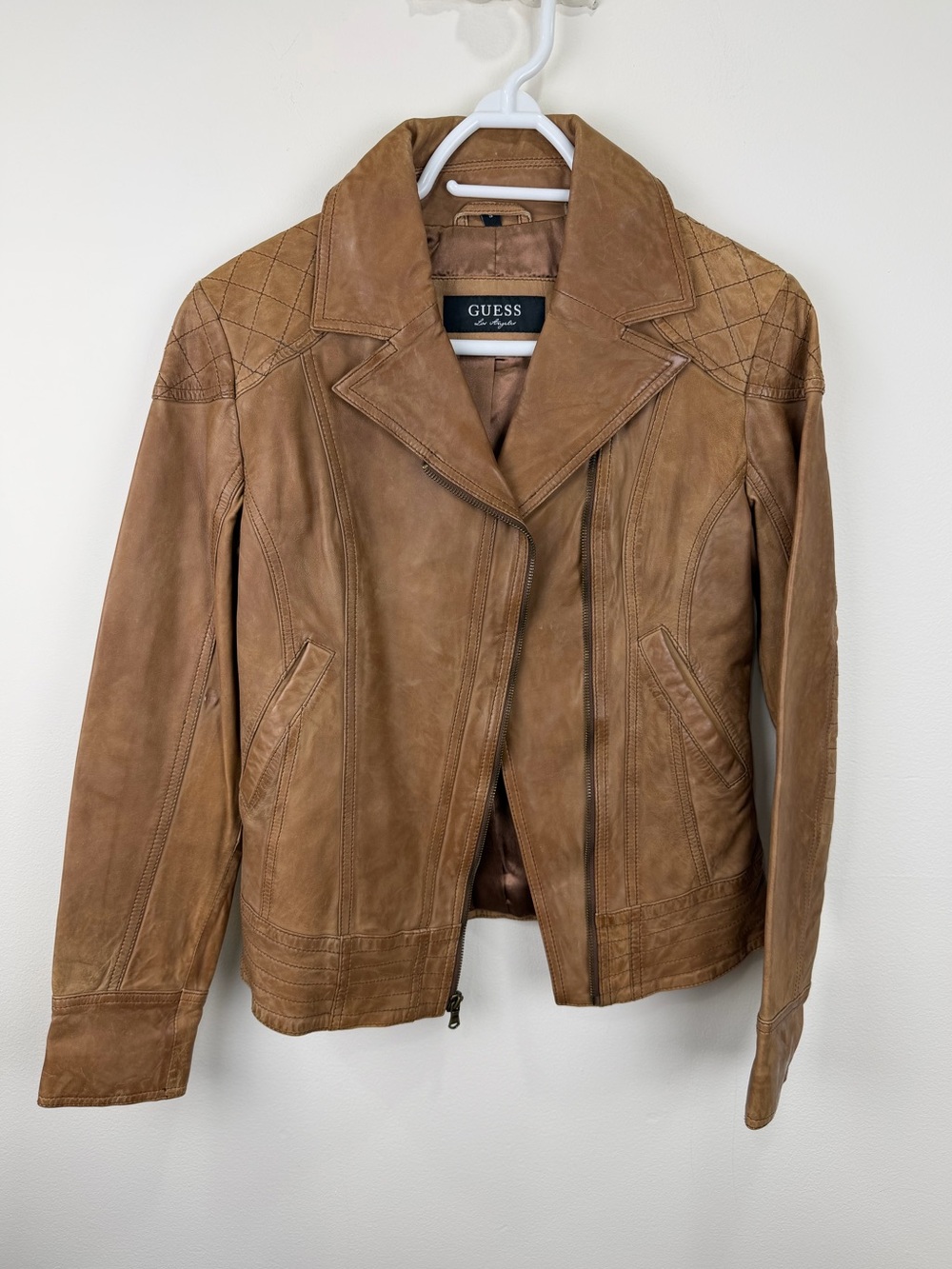 GUESS Los Angeles Sample Genuine Leather Moto Jacket Tan Brown S